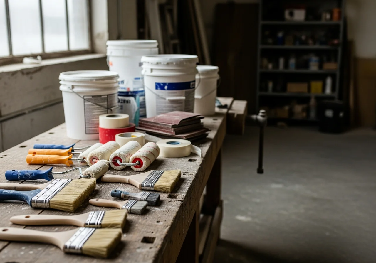 Contractor tools and materials on a work site, including paint rollers, brushes, and drywall supplies ready for a remodeling project.