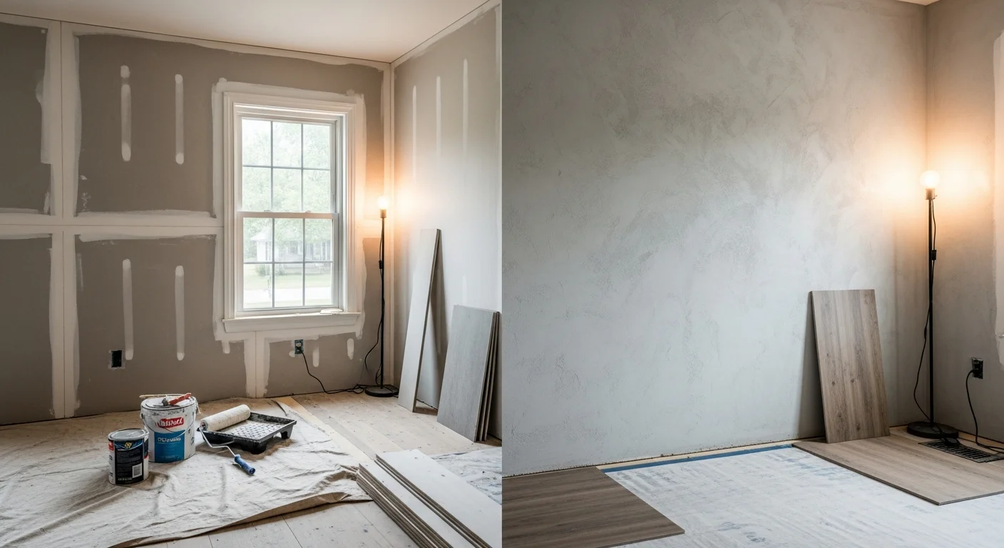 Interior remodeling work showing drywall, painting, and flooring installation