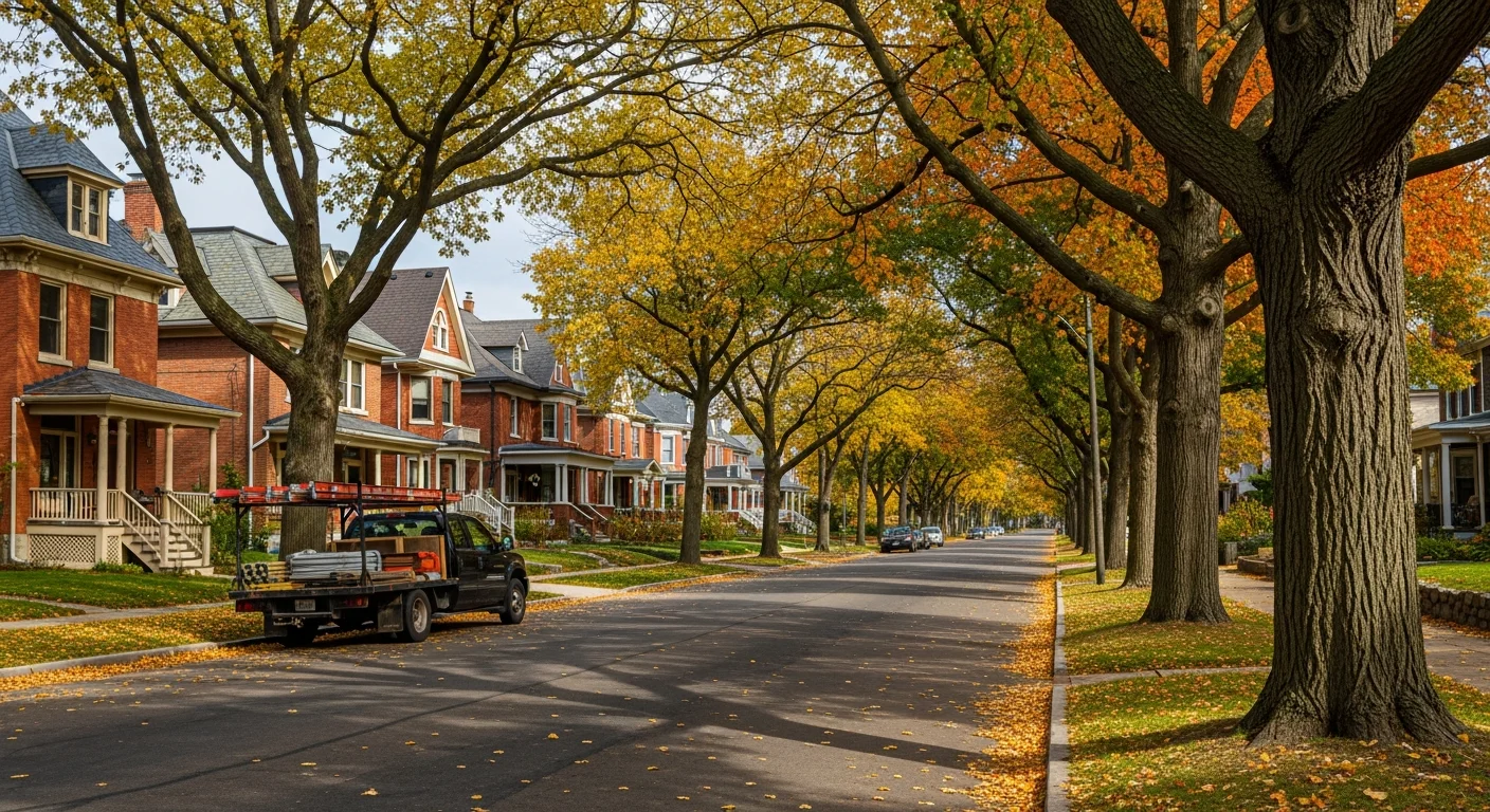 Rochester neighborhood street with historic homes and mature trees during autumn.