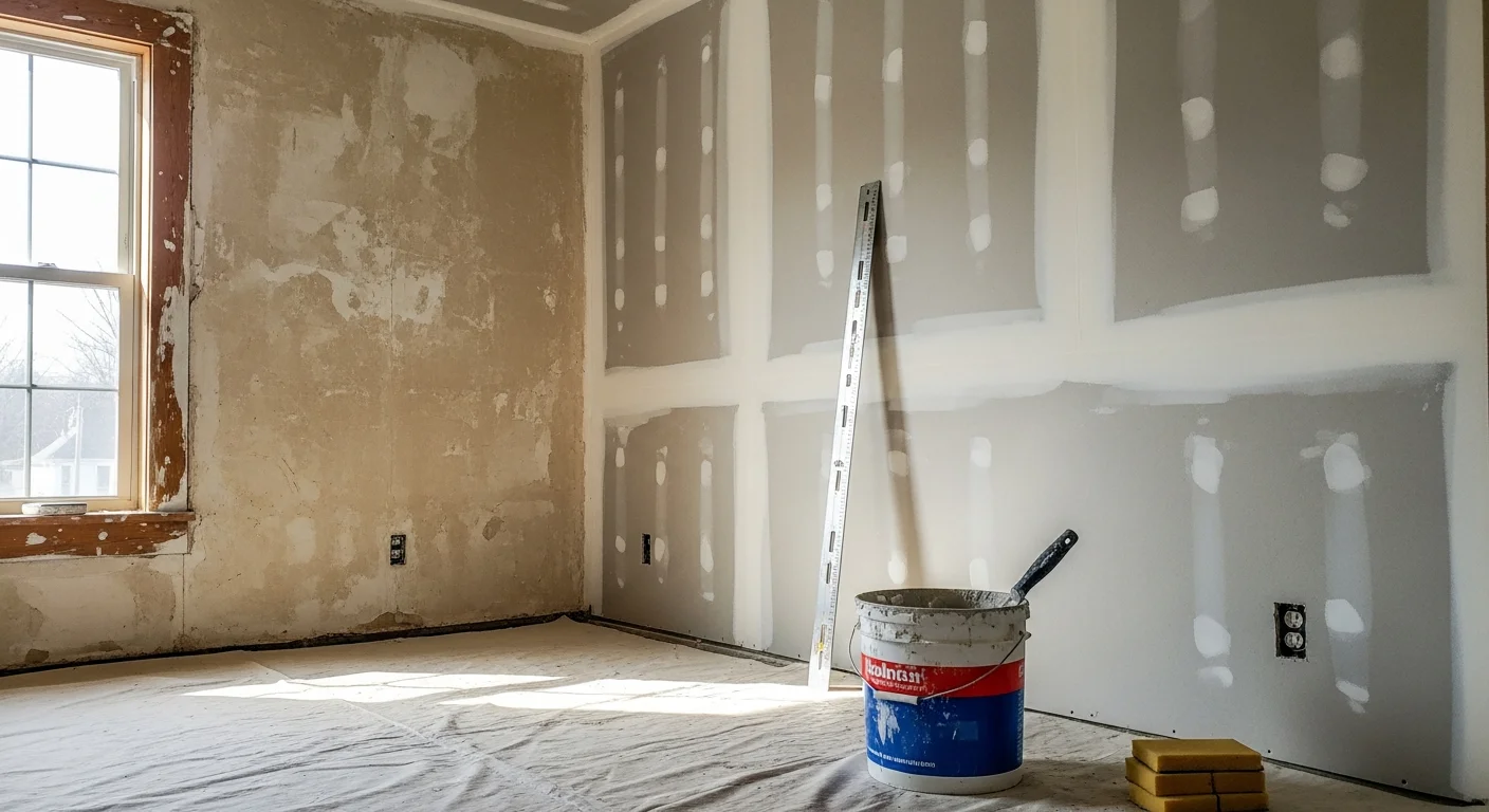 A freshly finished drywall wall inside a Rochester, NY home remodel showing smooth, sanded surfaces ready for paint. Corner beads and taped seams are flush with the wall plane throughout the room.