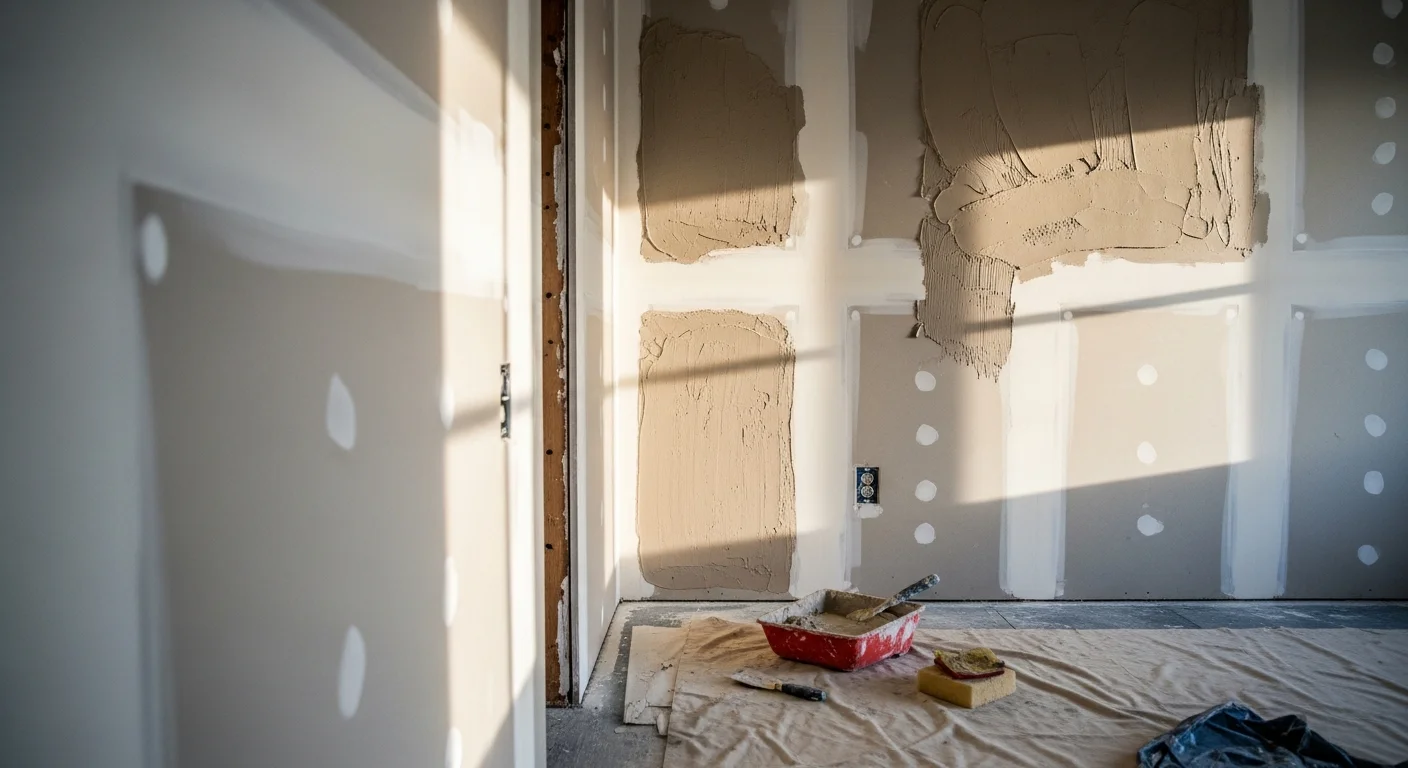 A freshly drywalled room interior in a Rochester, NY home remodel, showing smooth taped and mudded walls ready for paint. The space reflects a full gut renovation typical of older Monroe County housing stock.