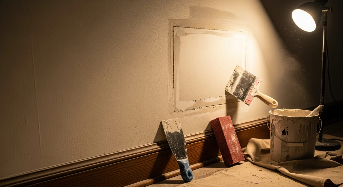 A freshly repaired and skim-coated drywall wall inside a Rochester, NY home, showing a smooth, paint-ready surface with no visible cracks or patch marks. The room reflects the interior of an older single-family home mid-remodel.