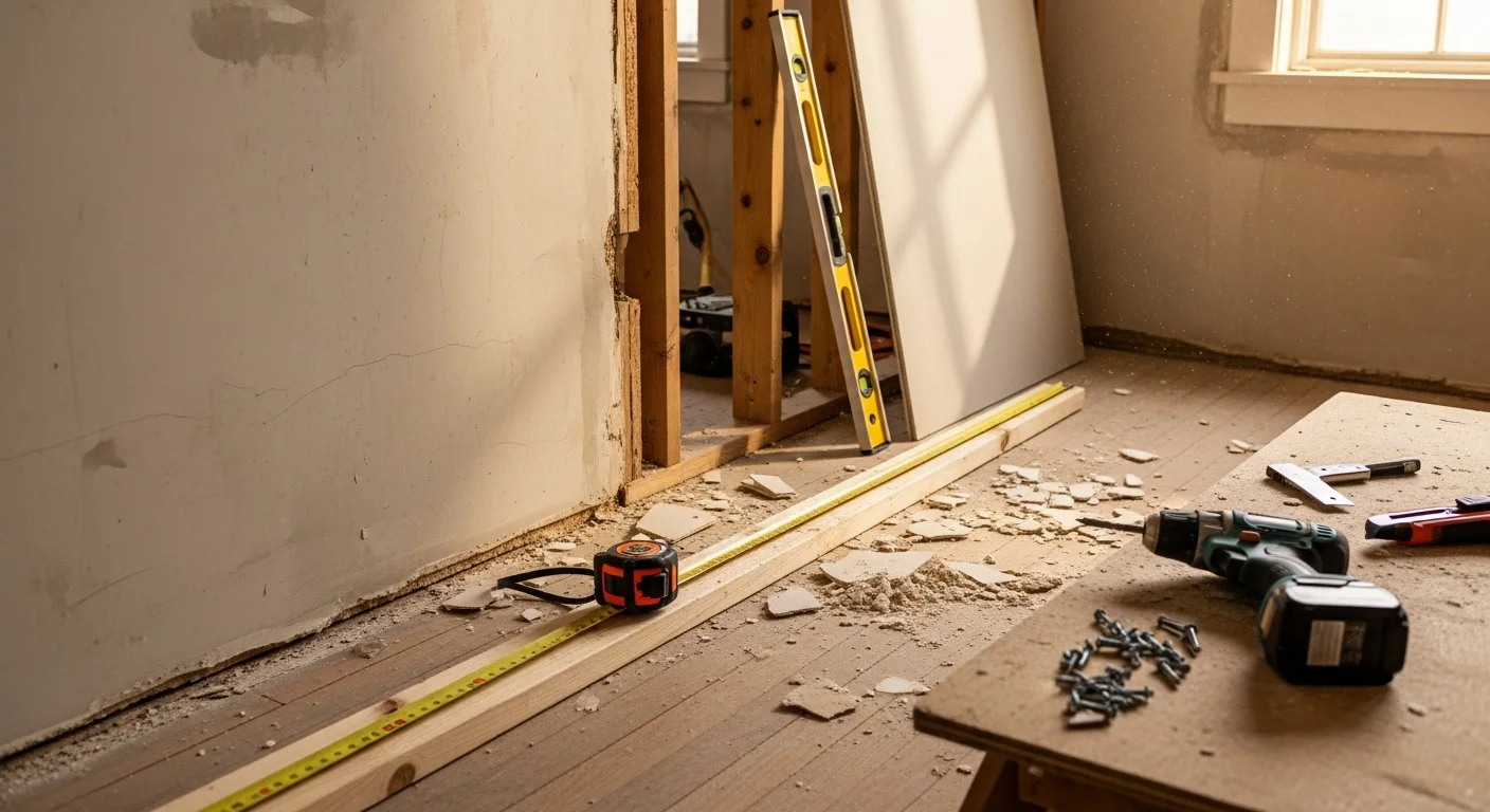 Interior of a Rochester, NY home mid-remodel showing an open-concept kitchen and living area with framing exposed and new flooring being installed. A general contractor reviews plans on-site in a single-family home typical of Rochester's established neighborhoods.