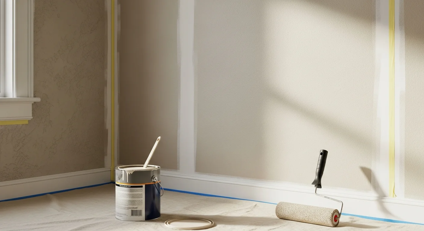 Interior room in a Rochester, NY home with freshly painted white walls, clean trim lines, and updated ceiling paint. A painting contractor from Flipping Rochester applies a second coat to the wall beside a protected hardwood floor.