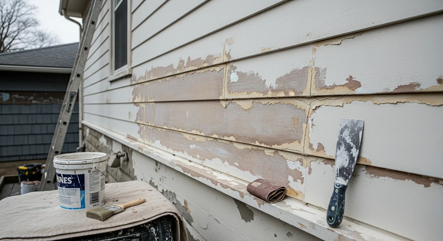 A Rochester, NY home interior showing freshly sanded and primed walls with patched holes and clean trim, ready for paint application. A painter's prep setup with scrapers, sandpaper, and primer is visible in the foreground.