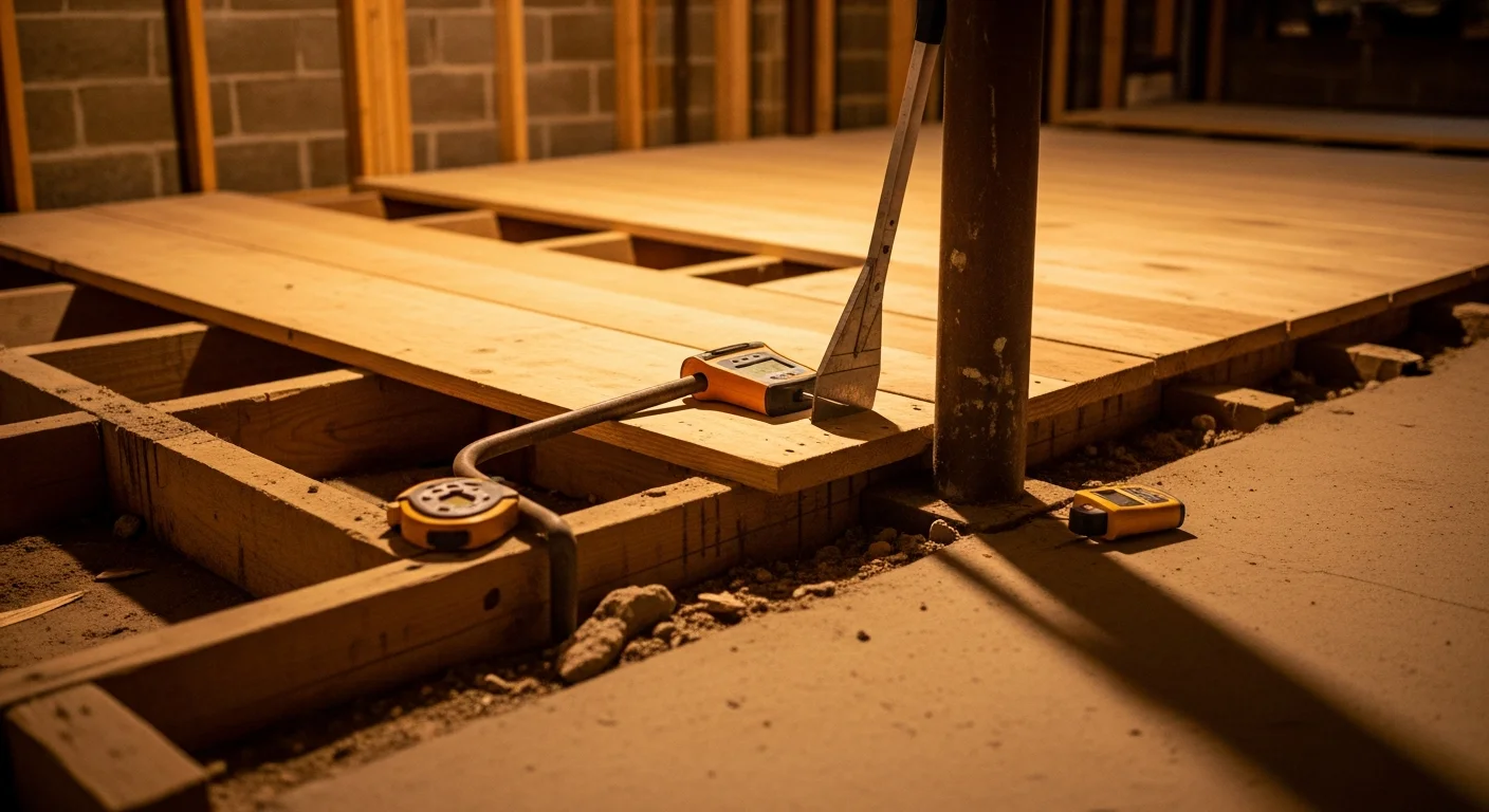 A Rochester, NY home's exposed subfloor being leveled and patched by a flooring contractor during a house remodeling project. The prepared surface shows repaired sections and a smooth, even base ready for new flooring installation.