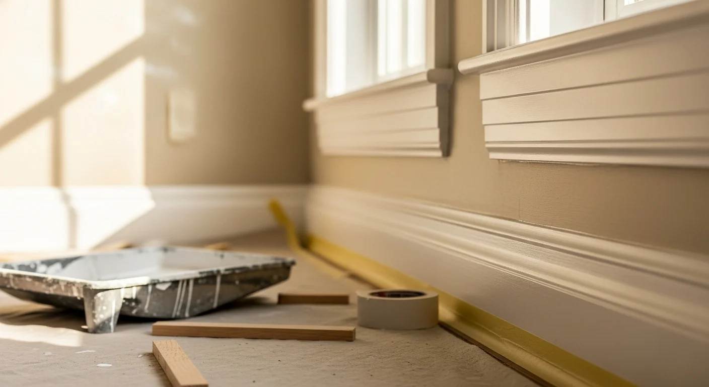 Close-up of freshly painted white interior trim along a doorway in a Rochester, NY home, showing clean edges where the trim meets a painted wall. The baseboard and casing show a smooth, even finish with no brush marks or gaps at the corners.