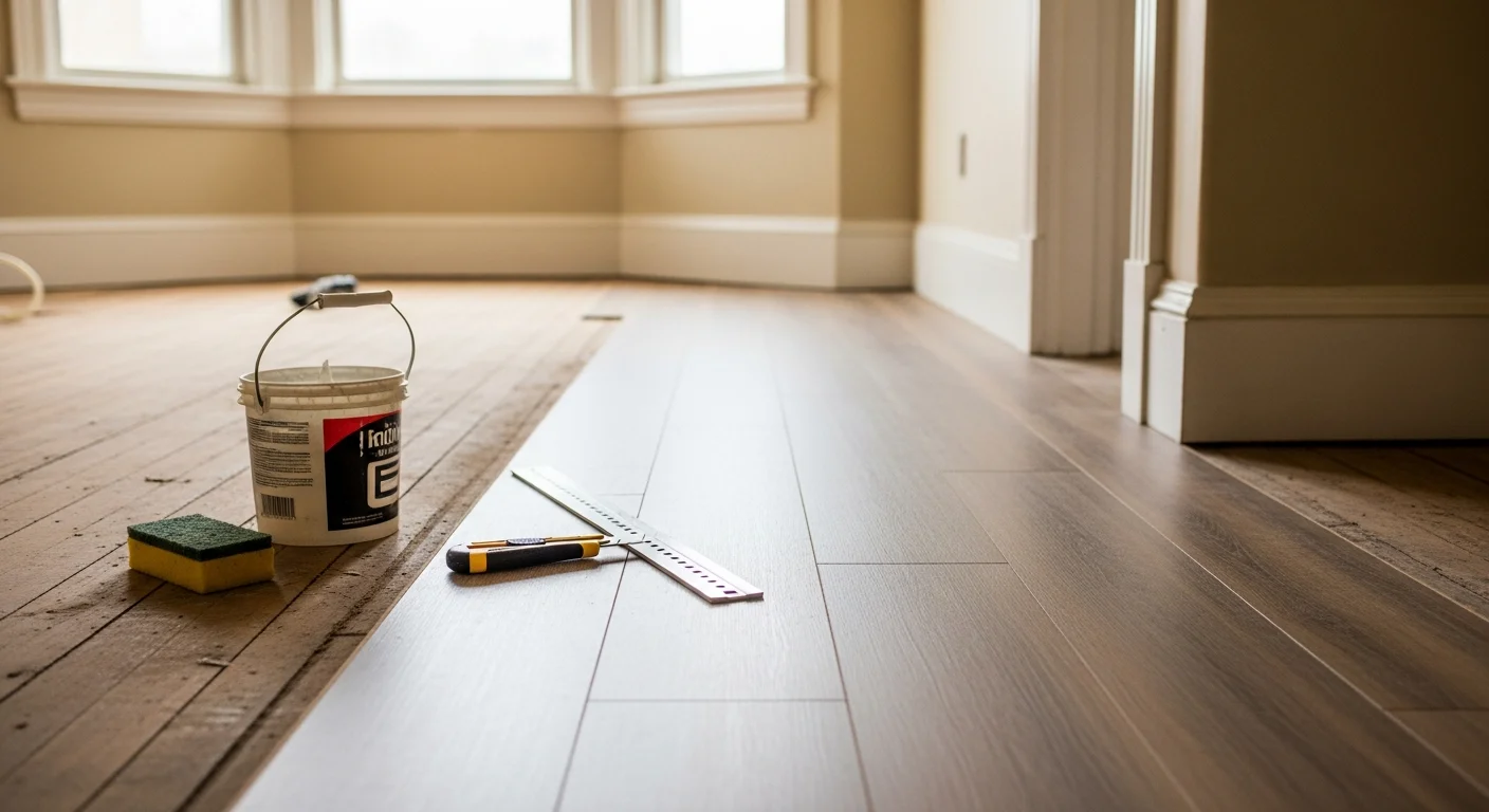 Newly installed vinyl plank flooring in a Rochester, NY home kitchen, showing a clean, water-resistant surface replacing old, peeling vinyl. The room features an older home layout typical of Rochester's pre-1940 housing stock.