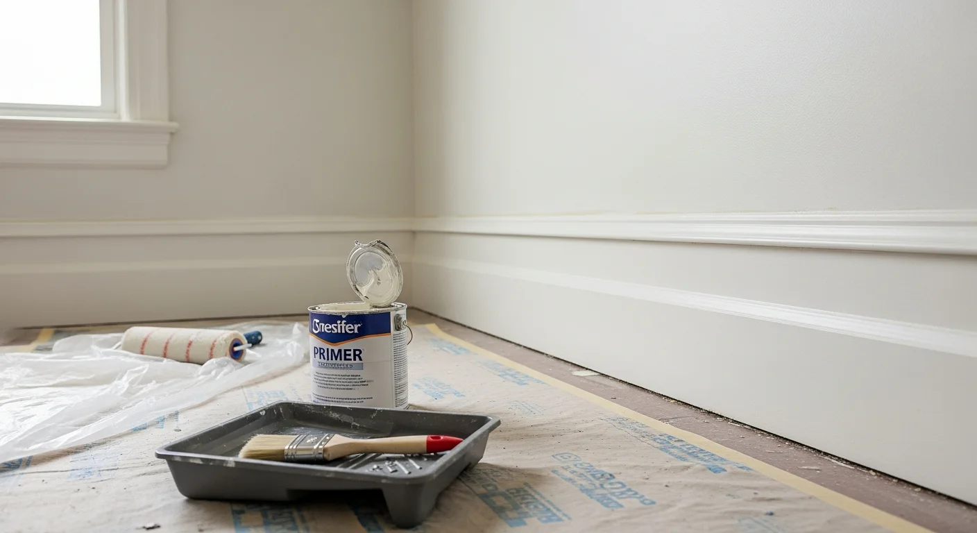 Interior wall of a Rochester NY home freshly painted in a neutral tone, with clean edges along white trim and a smooth, even finish across the full surface. The room shows no brush marks or roller lines, with covered hardwood floors visible in the foreground.
